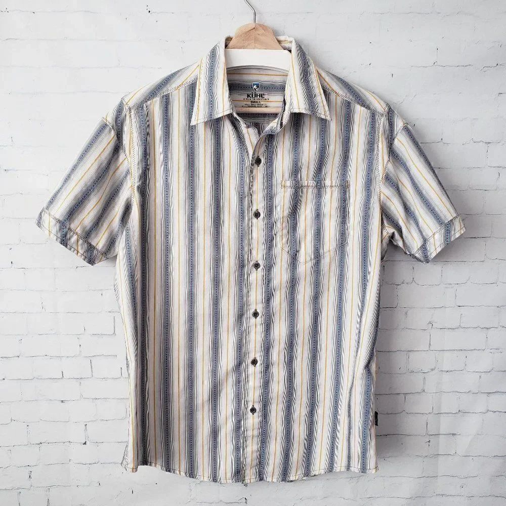 Kuhl Bohemian Mens Short Sleeve Shirt Size S Orange Stripe Button Up Cotton